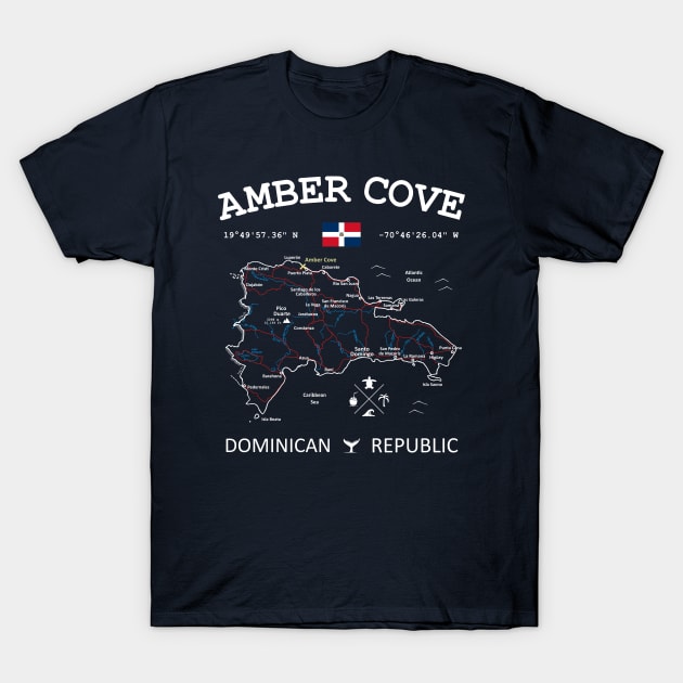 Dominican Republic Flag Travel Map Amber Cove Coordinates Roads Rivers and Oceans White T-Shirt by French Salsa